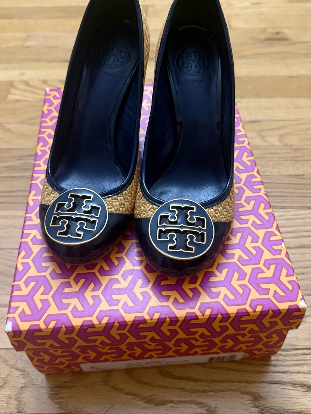 Tory Burch Tan Raffia Pumps with Black Patent Toe and Gold Logo Medallion